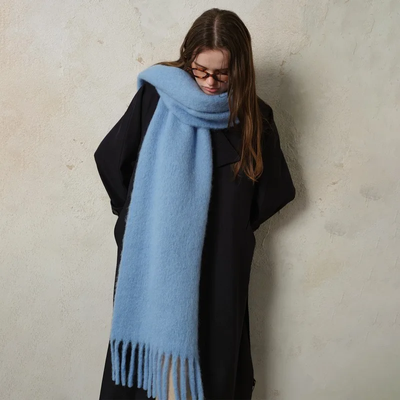 

Homemade classic wool blend solid color tassel scarf for women in winter warm atmosphere couple thick shawl scarf