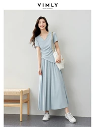 VIMLY French Type Casual Matching Sets Summer V-neck Irregular Short Sleeve Blouse Top+A-Line Ankle-Length Skirt Sets M7858