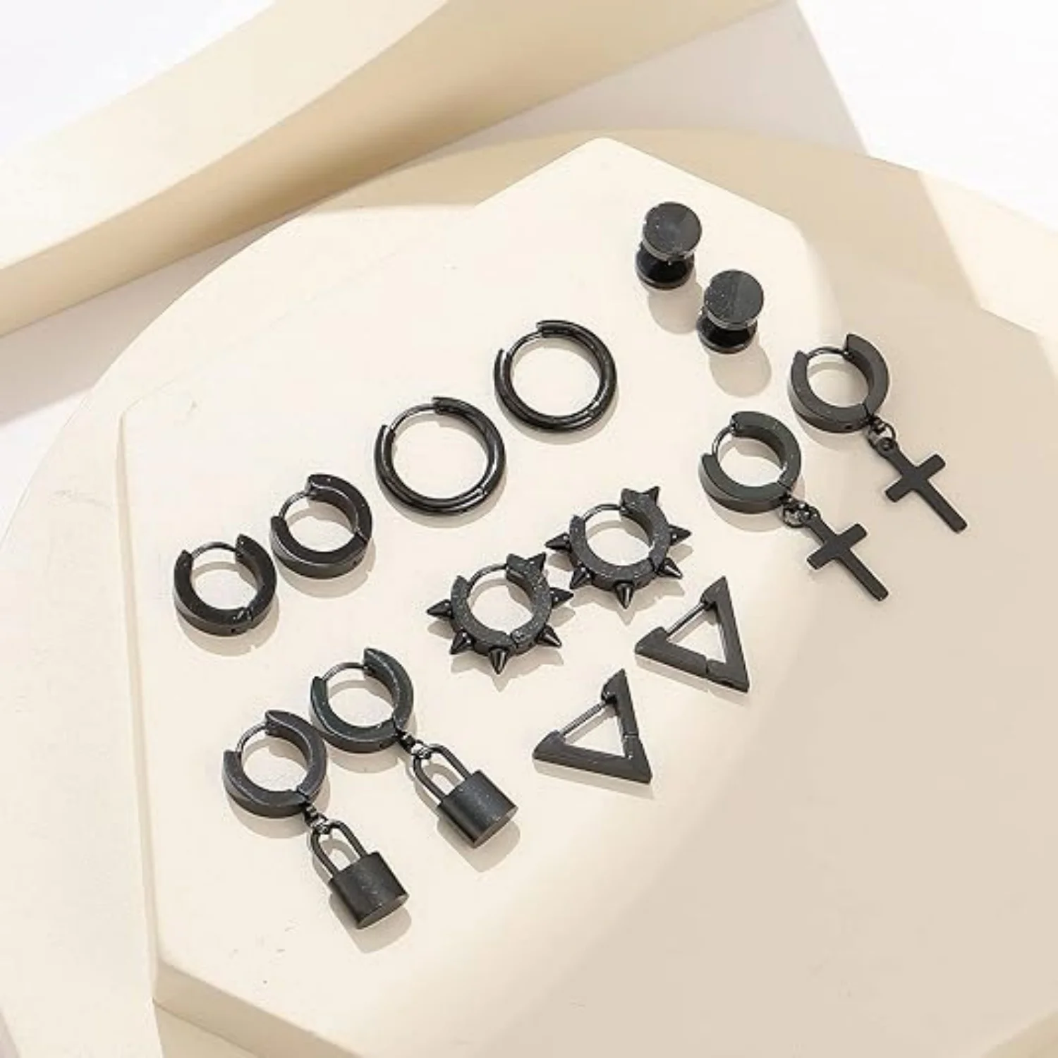 2 Pieces Black Silvery  Cross Dangle Earrings for Men Stainless Steel Long Chain Piercing Hoop Earrings Set for Unisex