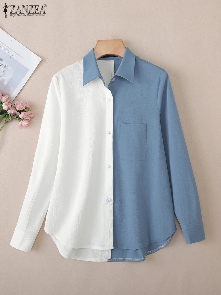 2025 ZANZEA قمصان مكتب الخريف المرقعة القمم أنثى OL العمل بلوزة أزرار Blusas أنيق المرأة التلبيب الرقبة طويلة الأكمام قميص #4