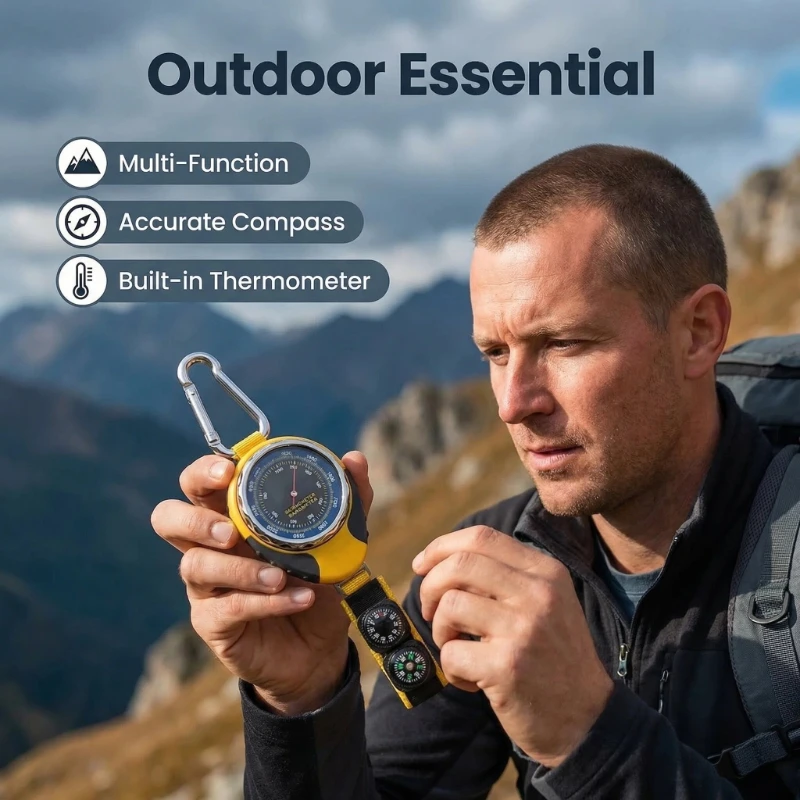Multifunctional Outdoor Altitude Meter with Barometer Compass Thermometer - Battery Free Mountaineering Tool for Hiking Camping