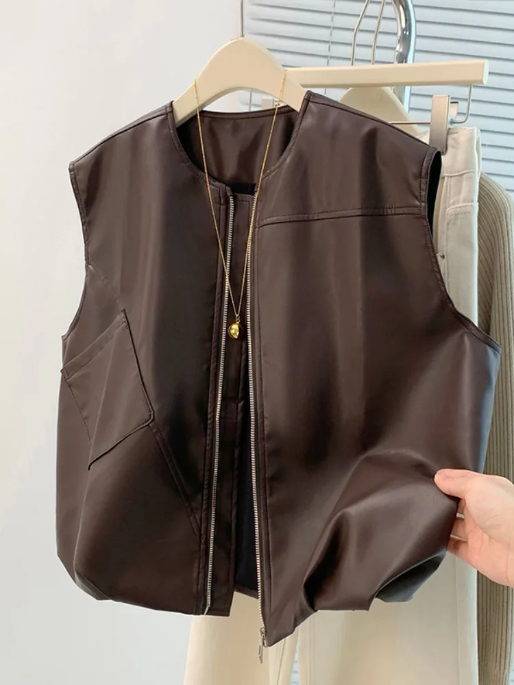 Casual Loose Women's PU Leather Jacket round Neck Vest Autumn Fashion Outerwear Zipper Design Comfortable Biker Vest Top