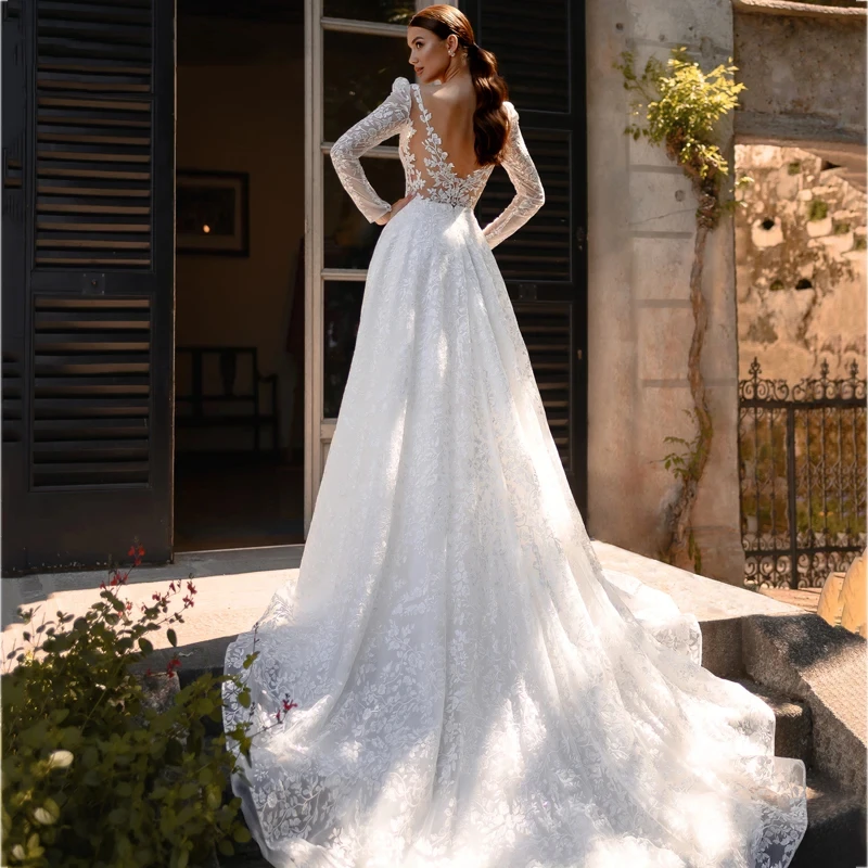 Robe de mariée dos nu à manches longues avec appliques en dentelle, col rond, élégante, princesse, mariée, luxe, balayage au sol