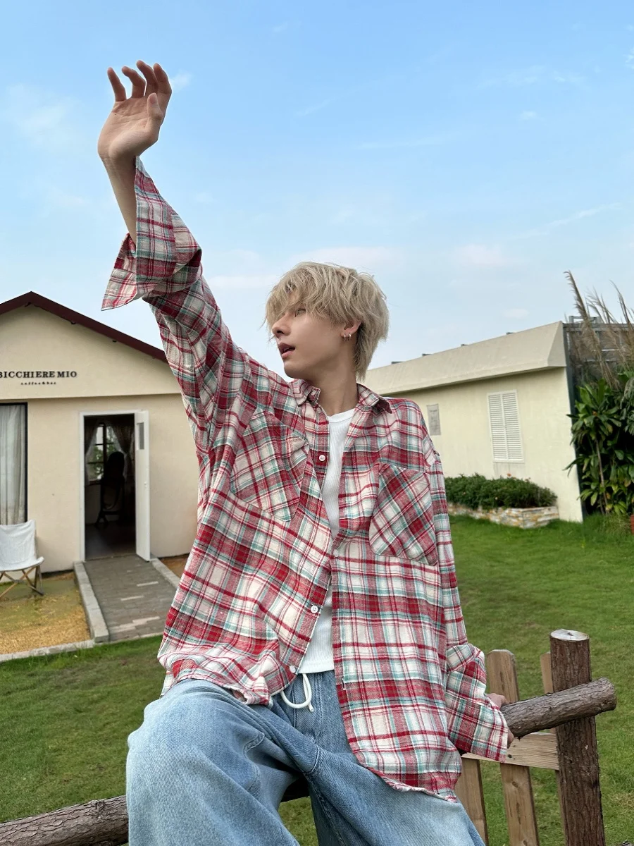 

American Retro Brushed Plaid Long Sleeve Shirt Loose Couple Outerwear for Men And Women Autumn Spring Color Block Pocket Design