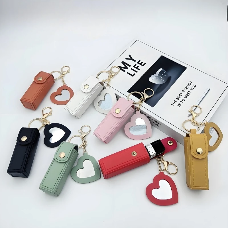 Popular Portable Lipstick Bag, Heart-shaped Mirror Lipstick Protective Leather Case, Cute Minimalist Key Chain Pendant