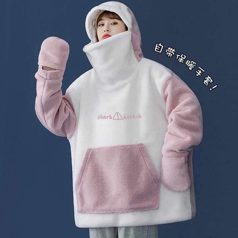 Cute Shark Shape Hoodies Couples Matching Women Kawaii Loose Tops Lambswool Zipper Hooded Sweatshirts Big Pockets Pullovers