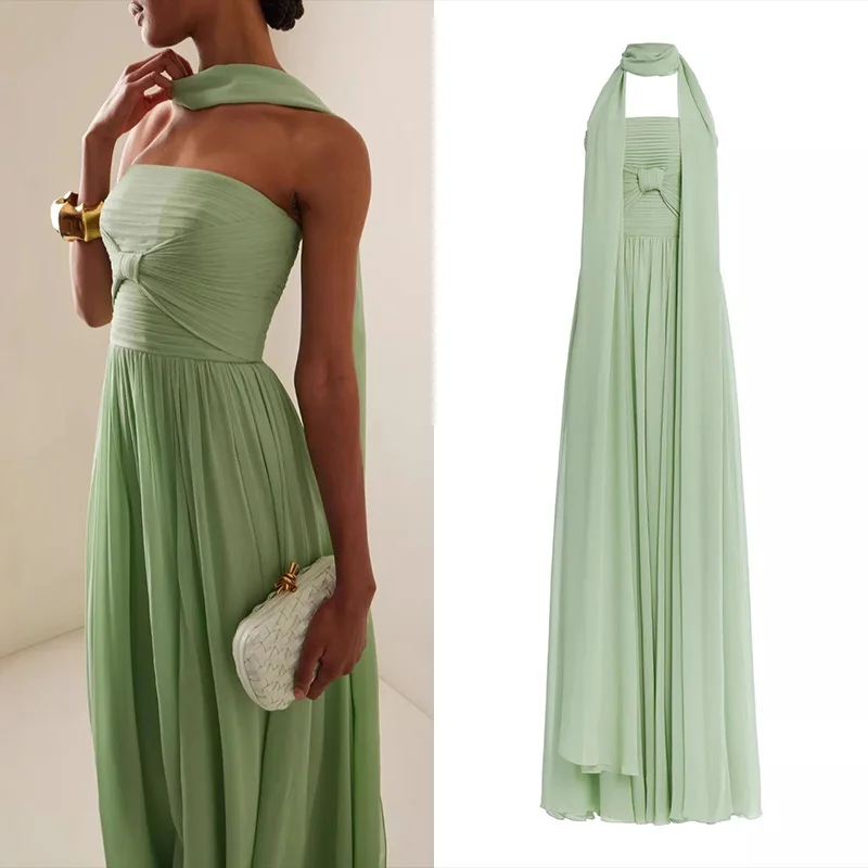 

2025 Summer Elegant Strapless Evening Gown For Women Green Chiffon Hollow Out High Waist Long Dress Backless Party Outfit New