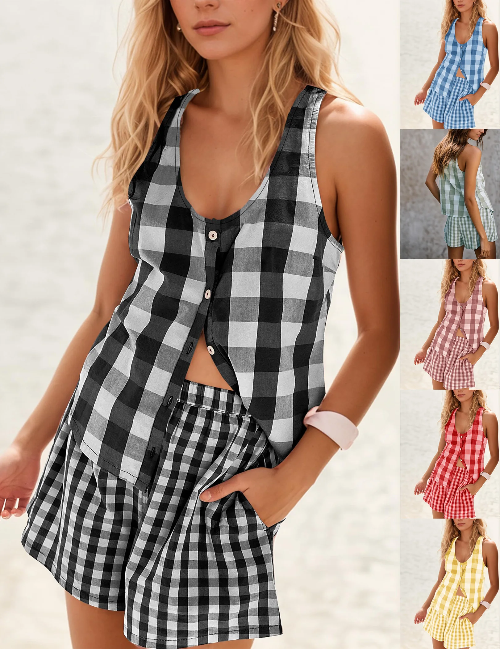 Women Gingham 2 Piece Lounge Sets Button Down Sleeveless Tank Tops Boxer Shorts Sets Two Piece Set Sleeveles Summer Lounge Sets