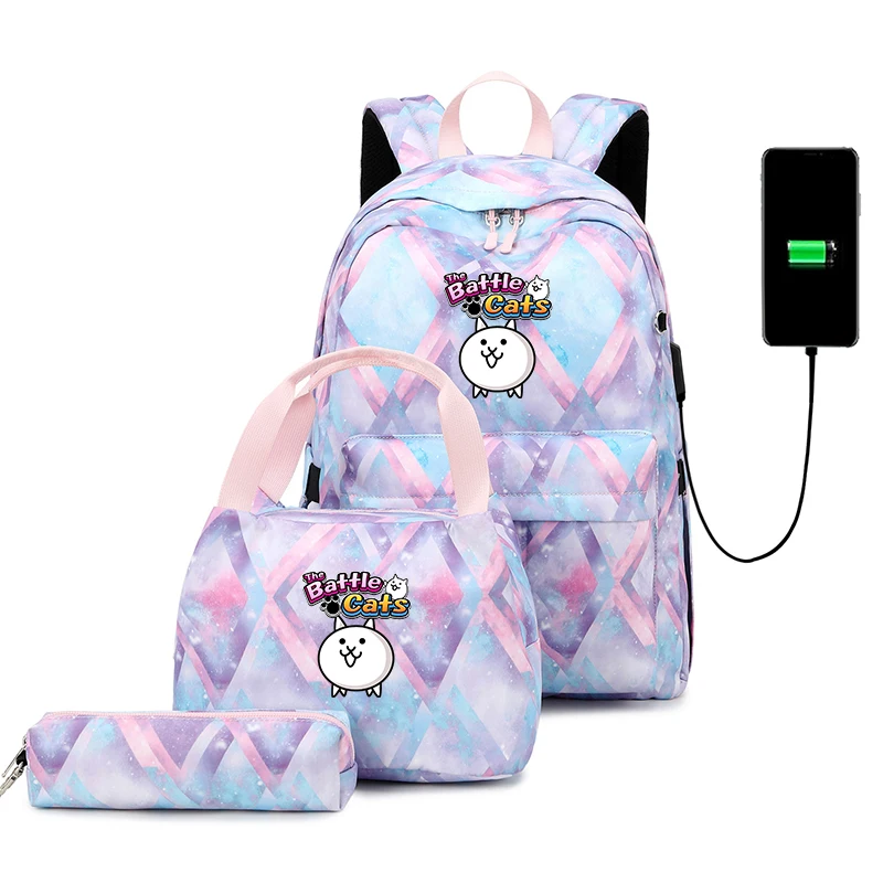 

3pcs/set Game The Battle Cats Backpacks Fashion USB Charging Travel Backpack For Children Teenager School bag Mochila