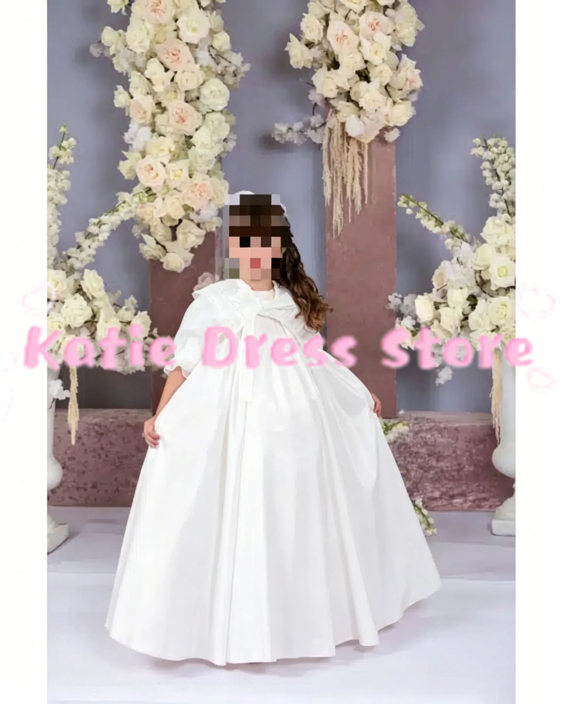 

Белое атласное платье с цветочным узором для девочек на свадьбу, с завышенной талией, с короткими рукавами, для детского дня рождения, первого причастия, бальные платья на заказ