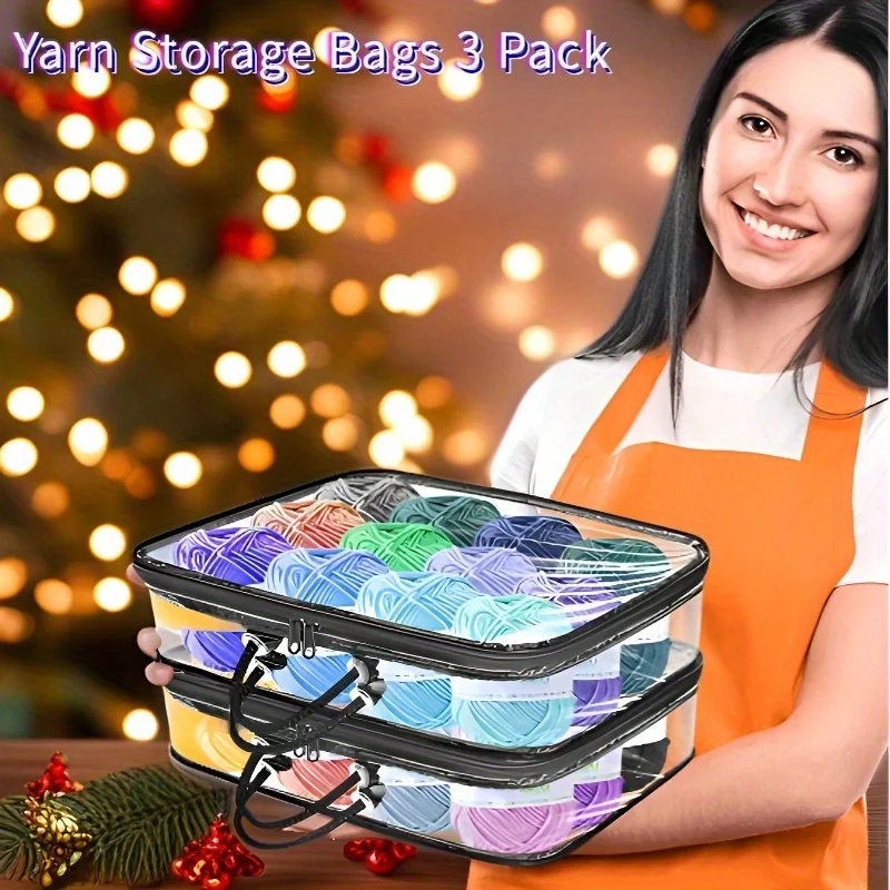 3 عبوات من أكياس تخزين الغزل الشفافة مع سحاب إغلاق - منظم قابل للتكديس لغرفة الحرف اليدوية، الخزانة، تحت السرير - أكياس تخزين ثقيلة