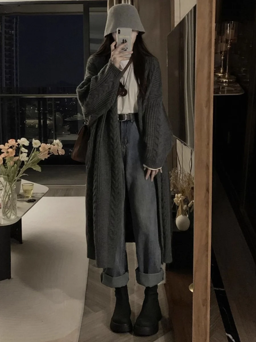 롱 트위스트 스웨터 코트 여성용 루즈핏 니트 가디건 가을 겨울 신상 한국 스타일