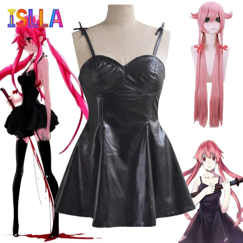 

Game Anime The Future Diary Gasai Yuno Cosplay Costume Black Leather Skirt Costumes Long Pink Hair Wig Role-playing