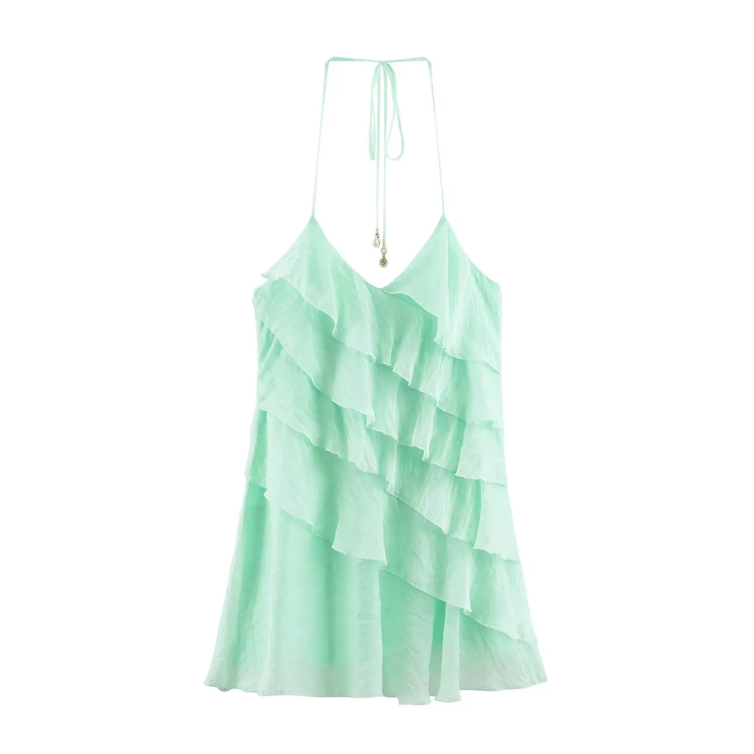 TFMLN Sommer Damen Neckholder-Minikleid, Lässiges Einfarbiges Rüschen-Stufenkleid, Ärmelloses Kurzes Kleid, Elegantes V-Ausschnitt Rückenfreies Damen-Outfit – Detail 2