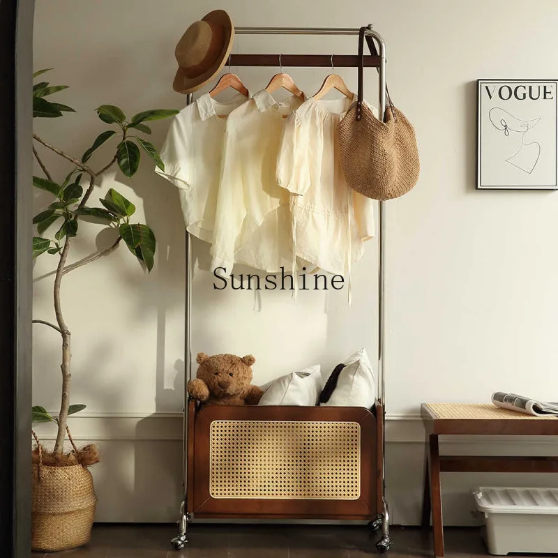 

Rattan household floor-to-ceiling wabi-sabi coat rack stainless steel, solid wood bedroom mobile storage