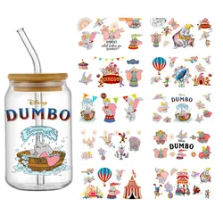 Pegatinas de dibujos animados de Disney, calcomanías de transferencia UV DTF, a la moda, Dumbo Circus, resistente al agua, para envolver vasos de vidrio de 16oz