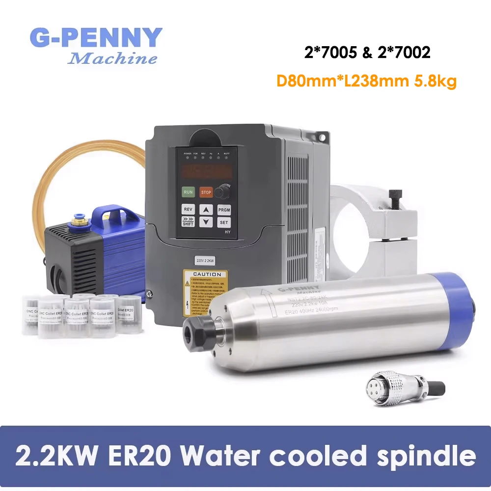 Wrzeciono chłodzone wodą G-Penny 2.2kW ER20 D80 typu Bullet 220V 380V do obróbki drewna/kamienia, silnik wrzeciona chłodzonego wodą