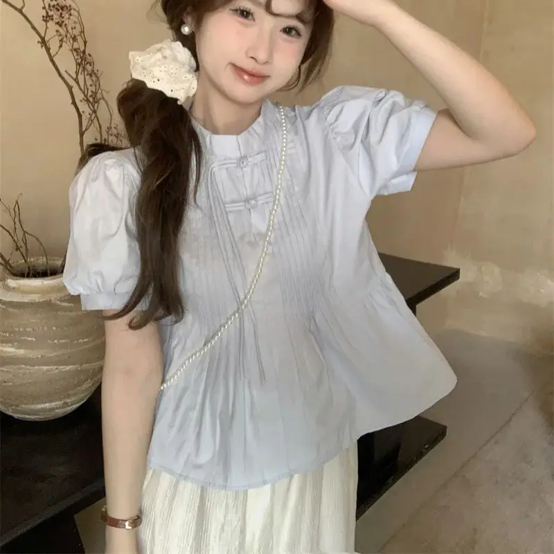 

Tops for women 2024 new style national style buttoned French design pressed pleated puff sleeves short-sleeved blue shirt