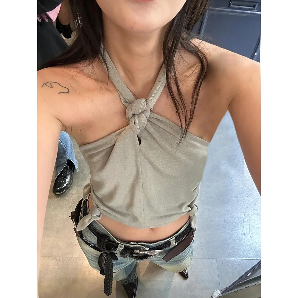 American hottie strappy halter neck camisole vest for women in summer slim fit grey design short top