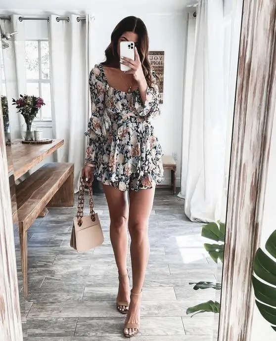 Tuta New Floral Moda donna Collo quadrato Manica lunga Ruffle Edge Combinaison Pour Femme Tuta Donna Eleganza