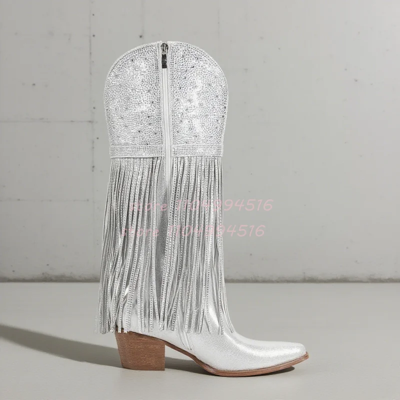 Silver Pointed Rhinestone Fringed Long Boots Metal Buckle Bling Thick Heel Sandals Women's Sexy Hot Chick Party High Heel Boots