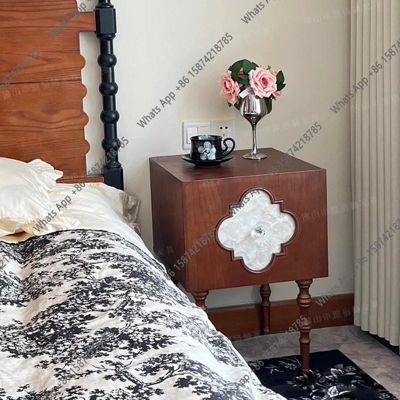 French vintage solid wood storage cabinet, living room side table, four-leaf clover shell, bedside storage cabinet, second-hand