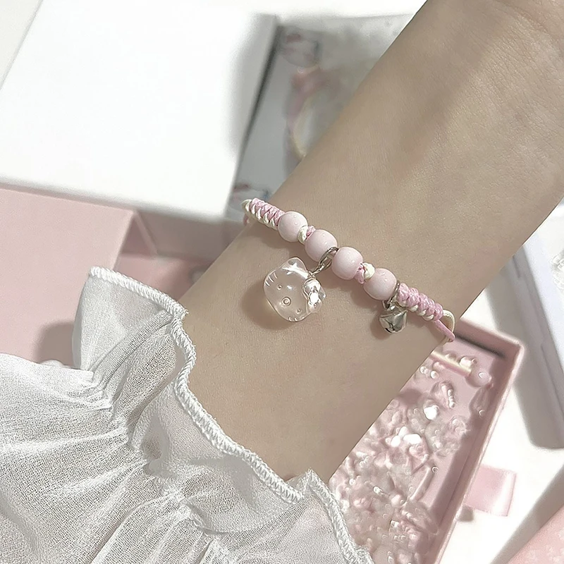 Kawaii Sanrio HelloKittys Bracelet Y2k Pink Bracelet Lucky Girl Braided Bracelet Good Friend Couple Jewelry Gift Sweet Pendant