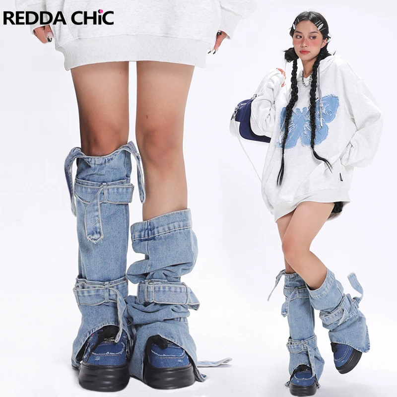 REDDACHiC Asymmetric Belted Denim Leg Warmers Women Blue Jeans Boots Cover Function Pocket Long Socks Vintage Y2k Streetwear