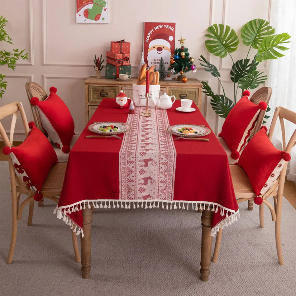 

Red Cotton Linen Tassels Tablecloth,Modern Simplicity Dust-Proof Table Cover,For Dinning Tea Table Christmas New Year Decor