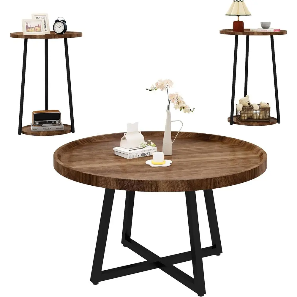 

Винтажный деревянный журнальный столик из 3 предметов с 2 круглыми приставными столиками, простая сборка, подходит для гостиных и офисов, коричневый цвет