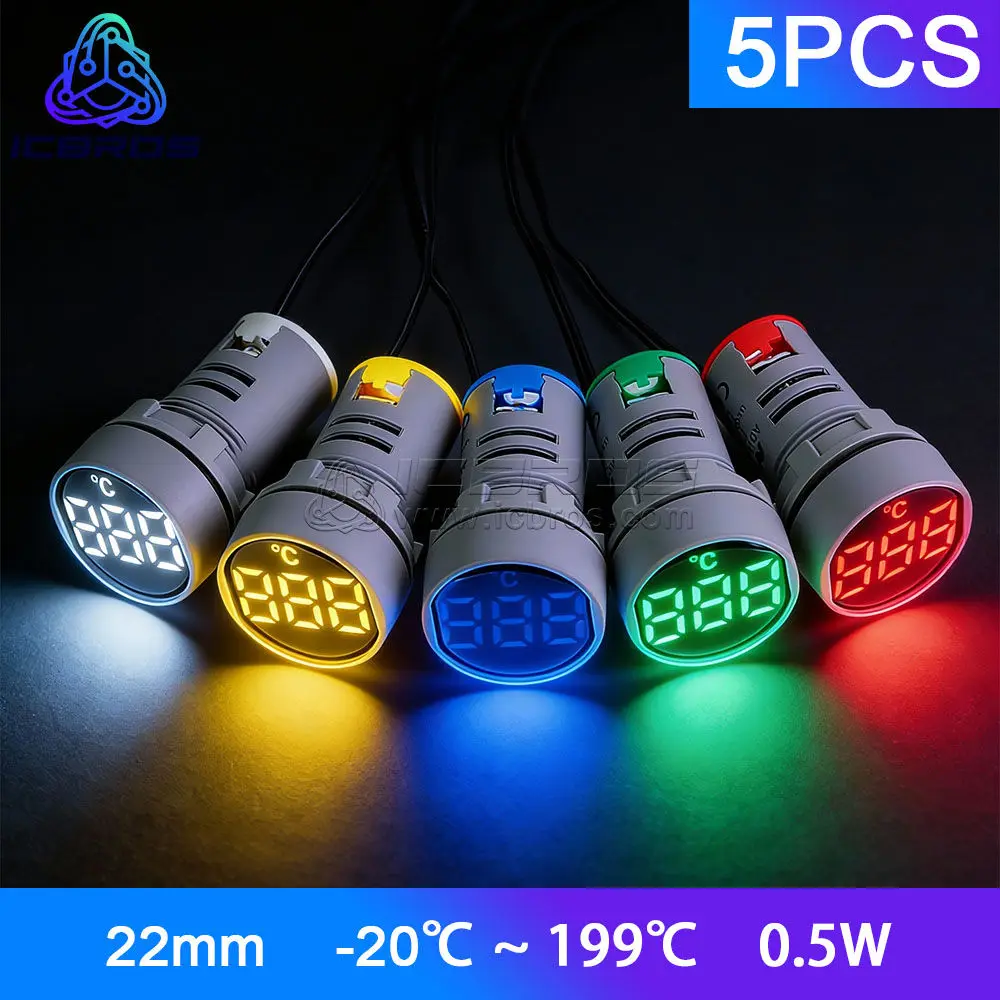 5pcs/lot 22mm Electrical Round Signal Light AD101-22TM Mini LED Digital Display Indicator Thermometer -20~199 Celsius -20℃ 199℃