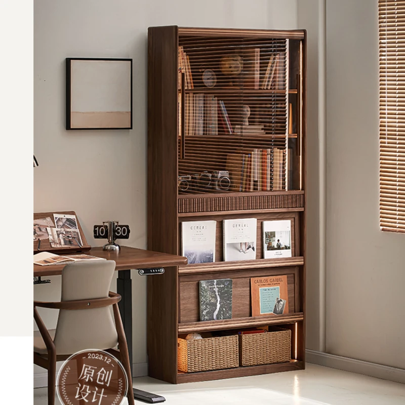 

Black Walnut Wooden Bookcase Glass Door Solid Wood Display Home Storage Cabinet