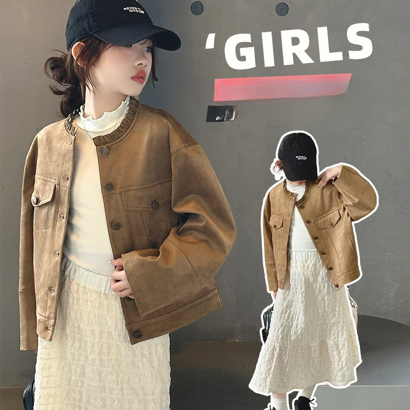 Girls' Autumn Jacket 2024 New Korean Edition Fashionable Loose Short Lace Leather Velvet Jacket Outer Coat