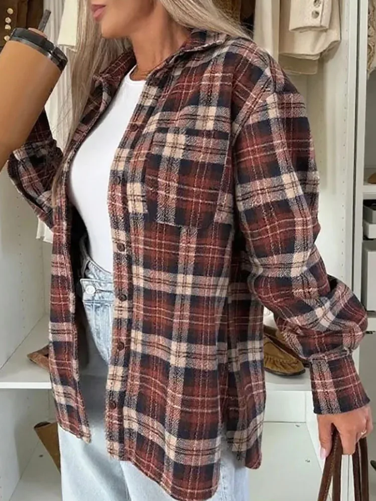 

Sexy Single Breasted Lapel Top Cardigan Spring Retro Plaid Print Loose Casual Shirts Women Autumn Long Sleeve Office Blouse Coat