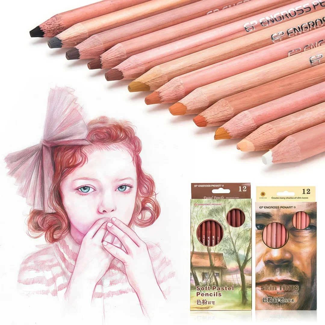 12-Color Skin Tone Water-Soluble Colored Pencils for Professional Portraits, Landscape Sketching, and Dark Series Carbon Drawing