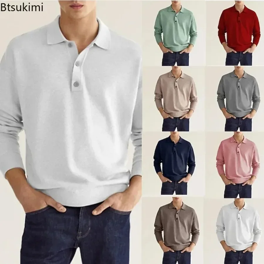 

New 2025 Spring Autumn Men's Solid V-neck Long-sleeved T-shirts Fashion Casual Button Pullovers Tops Outdoor Polo Shirts for Men