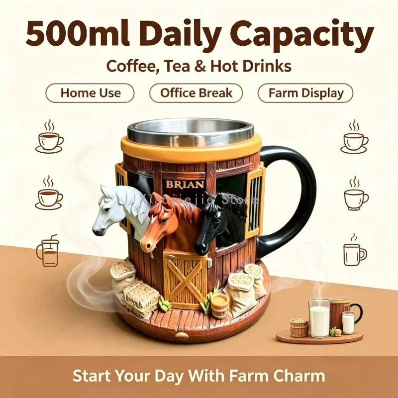 Creative Horse Barn 3D Embossed Mug Vintage Farm‑Style Resin Cup Stainless Steel Liner Gift for Horse Lovers