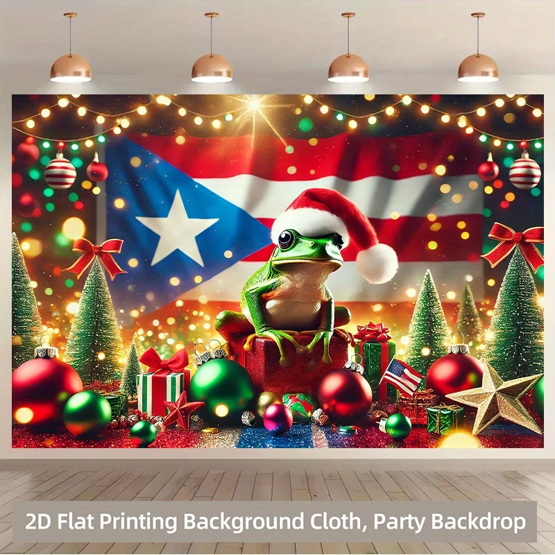 Puerto Rican Christmas Frog Tapestry,Festive Flag Pattern with Santa Hat and Gifts,Vibrant Wall Hanging for Holiday Party Decor