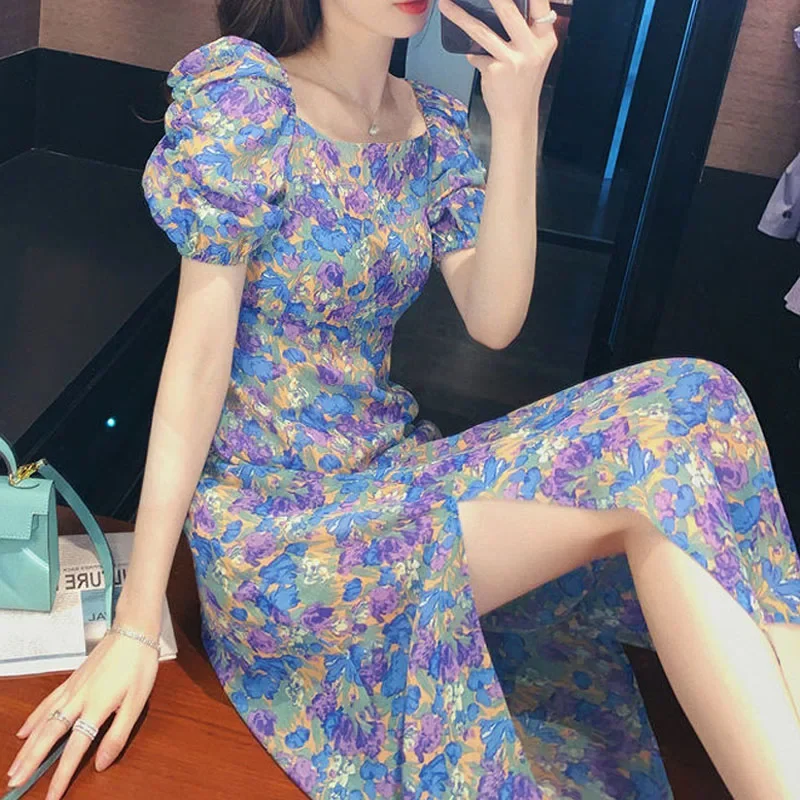 

Floral Print Dress Women Sexy Puff Sleeve Chiffon Party Dress Lady Summer Elegant Vintage Retro Split Dress Women