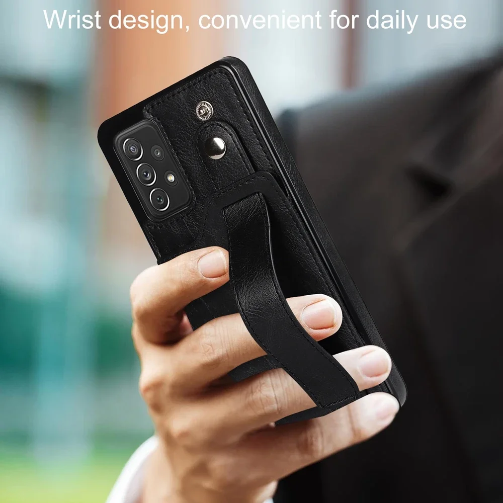 S24 S23 Plus Leather Case Wallet Card Slot Hand Wrist Strap Back Cover for Samsung Galaxy S22 Note 20 Ultra S21 FE A32 A52 A72