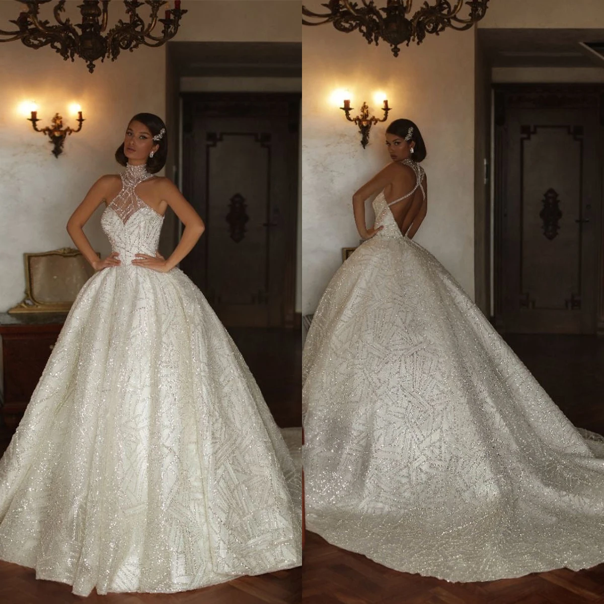 

Gorgeous Women Wedding Dress A-Line Halter Sequins Sleeveless Bridal Gown Slim Fit Sweep Trian Backless Organza Skirt