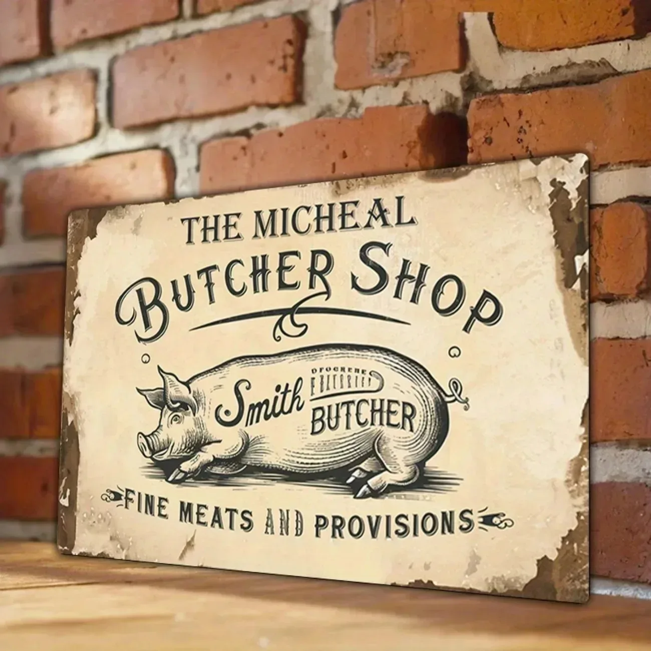 1pc Custom Vintage Butcher Shop Metal Sign Personalized Name Farmhouse Kitchen Wall Decor Gift Decorative Only