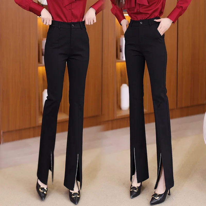 

Fashion Slit Flared Pants Women Autumn Slim Fit Trousers High Waist Slimming Draped Casual Bell Bottom Pants