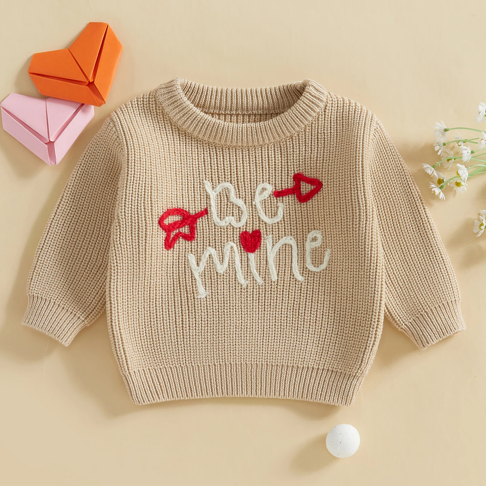 BeQeuewll Girls Boys Knitwear for Valentine's Day Kids Sweater Long Sleeve Letter Heart Embroidery Toddler Pullover Tops Clothes