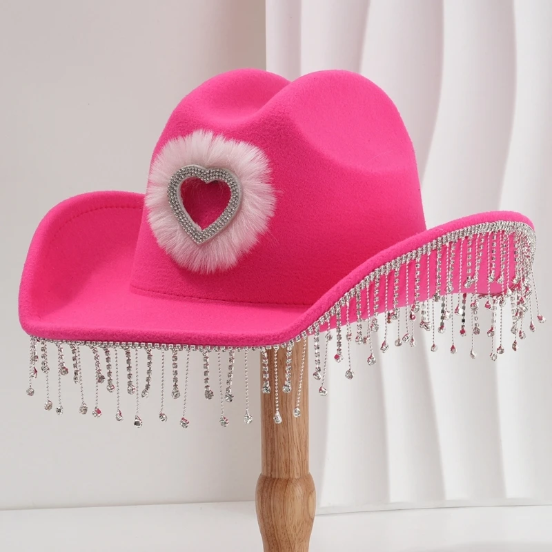 Hollow Heart Applique Cowgirls Hats for Carnivals Party Female Diamond Tassels Cowgirls Hats Bride Wedding Photography Hat