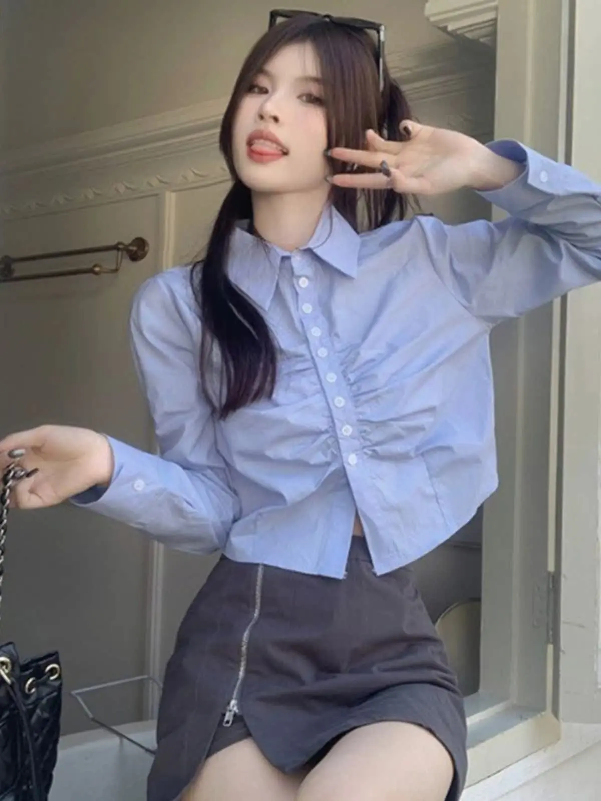 

Шикарная женская рубашка с коротким рукавом и отложным воротником, приталенный крой, весенний топ в японском стиле, милый дизайн