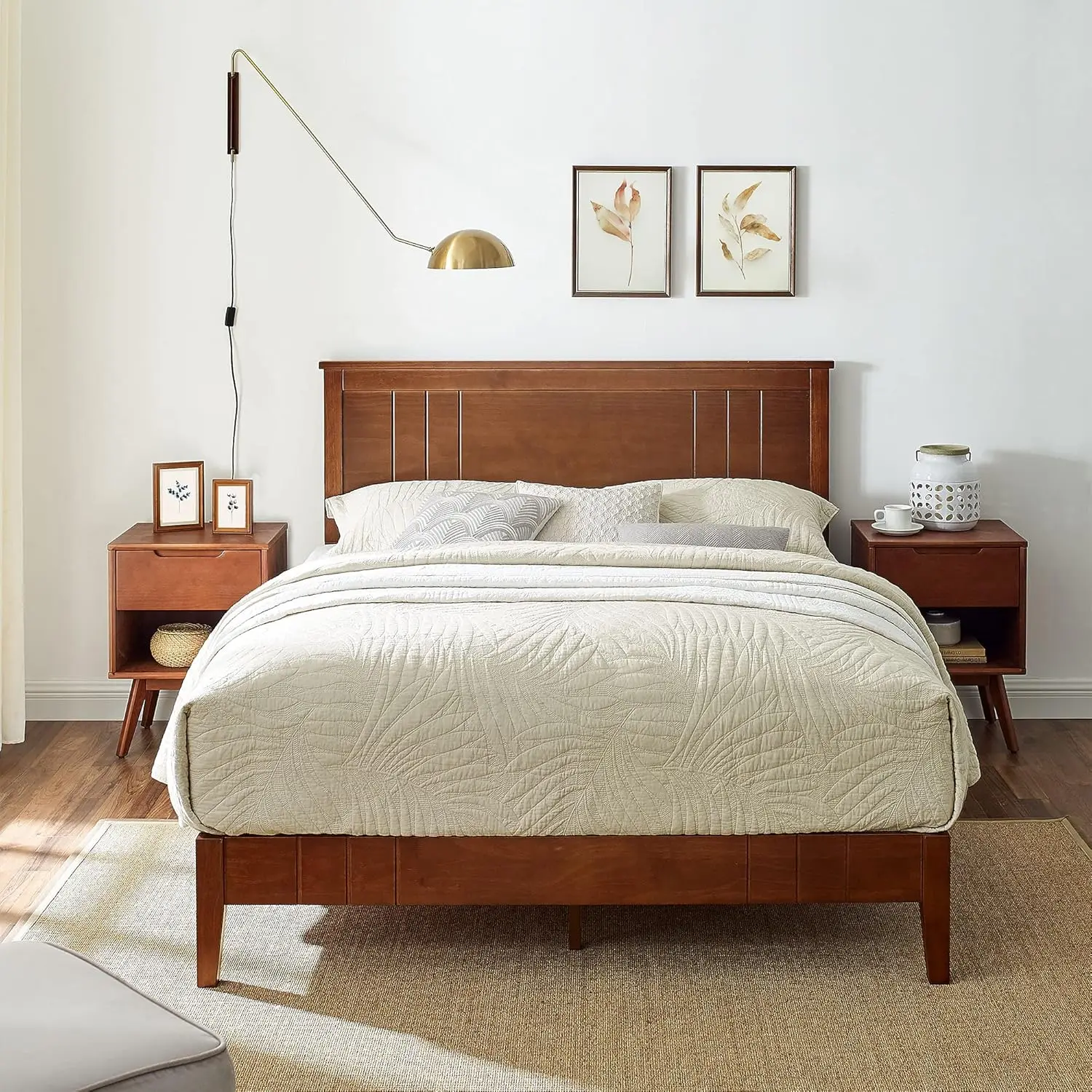 

Mid-Century Modern Solid Wooden Platform Bed with Adjustable Height Headboard for Bedroom,King Size Wooden Bed Frame