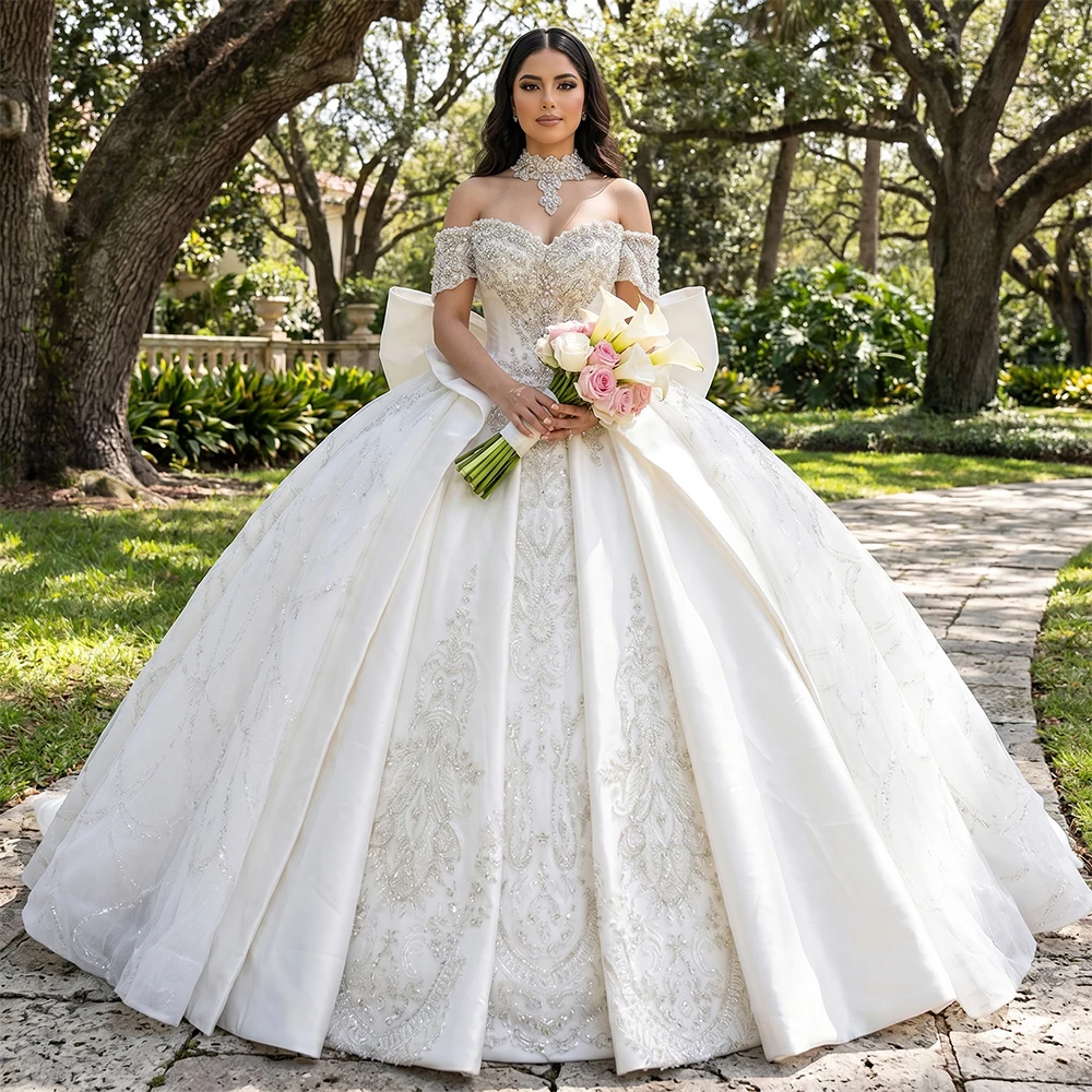 

Customized Sexy Sweetheart Short Sleeve Ball Gown Wedding Dresses Luxury Chapel Train Vintage Bridal Gown vestidos de novia boda
