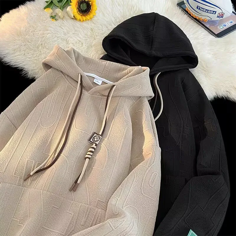 Men's Hoodie Sweatshirt Thickened Fleece Autumn Winter New Style Casual Loose Fit Student Wear Large Size Hat Included