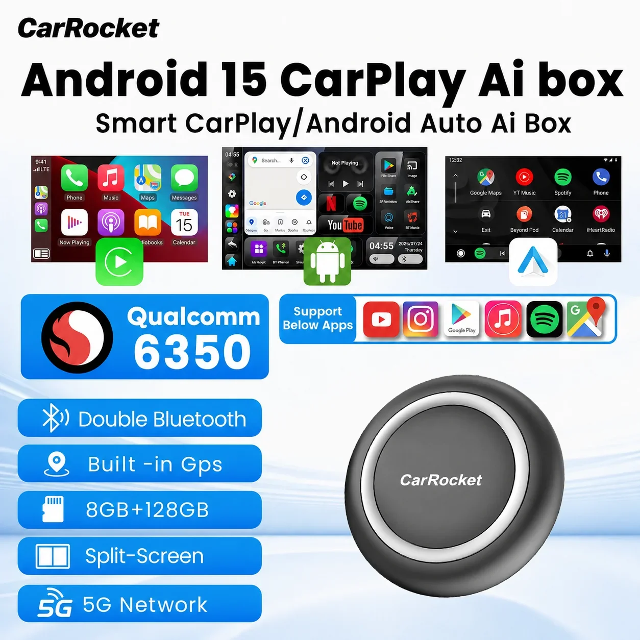 Android 15 CarRocket Android Auto Wireless CarPlay AI TV Box QCM6350  8-Core Split Screen128G For Netflix Play Store TK IPTV